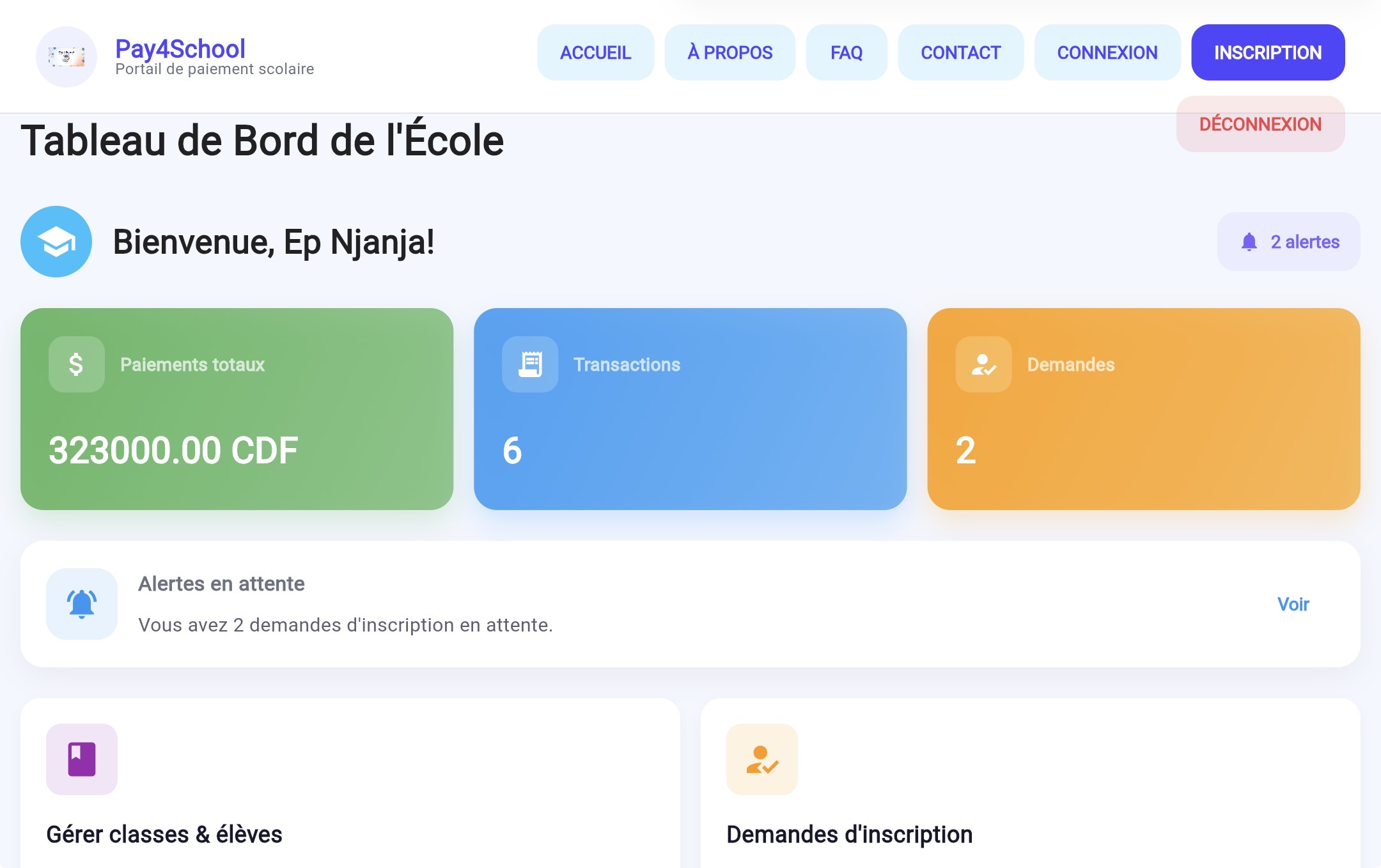 School dashboard screen